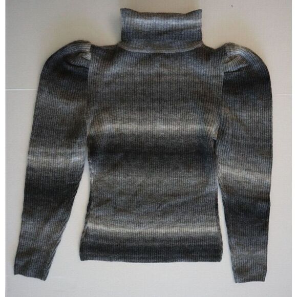 Lea & Viola L7890 Women's Sz M Black/Gray Ribbed Puff Sleeve Wool-Blend Sweater - Picture 2 of 5